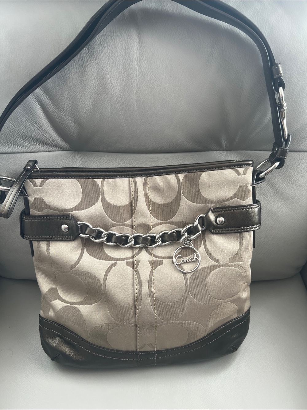 Coach Beige Signature Canvas Shoulder Bag with Metallic Trim